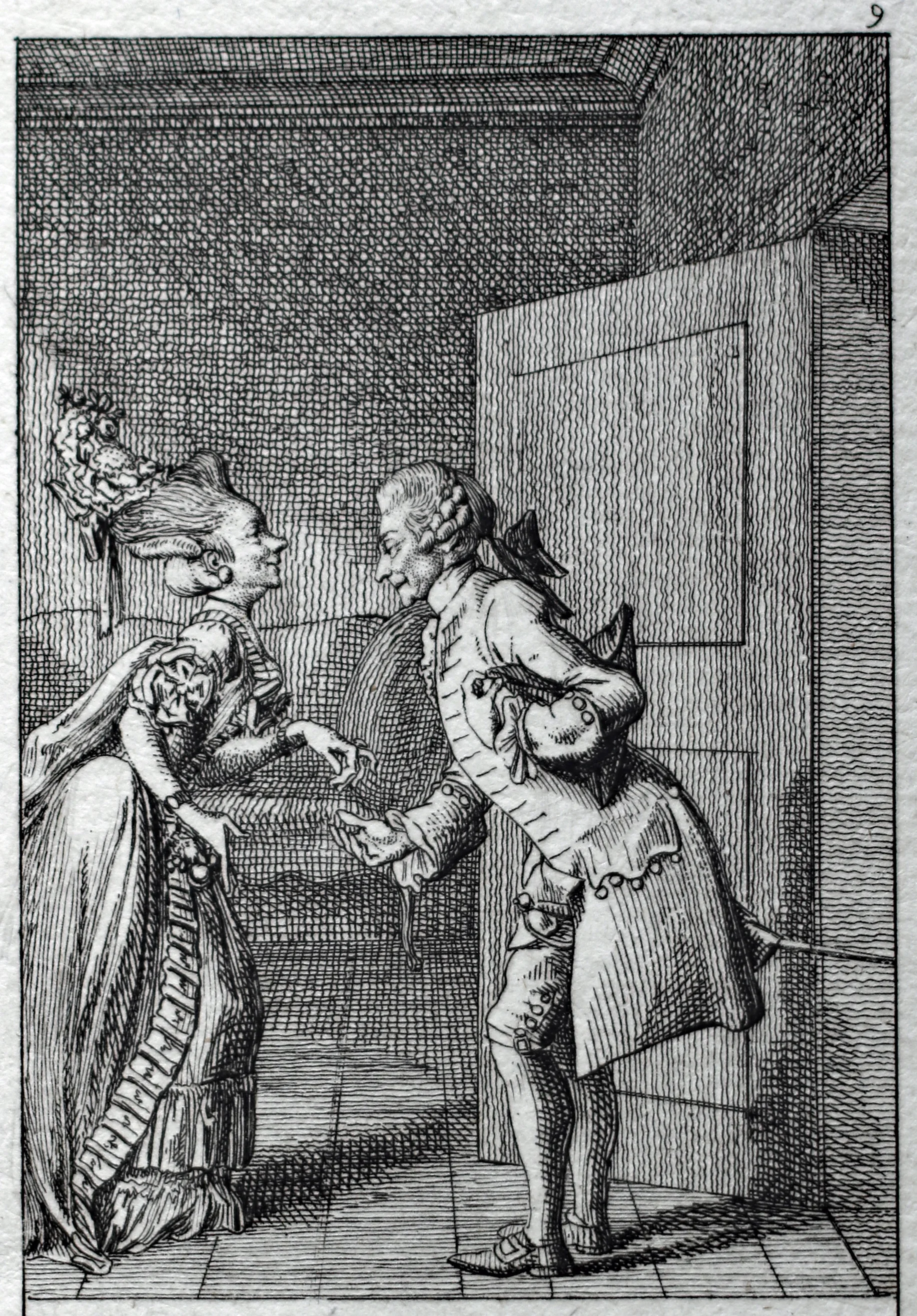 Daniel Chodowiecki, Gruss, Blatt 9 der Folge »Natürliche und affectirte Handlungen des Lebens«, 1779, Radierung / Gleimhaus Halberstadt – Museum der deutschen Aufklärung