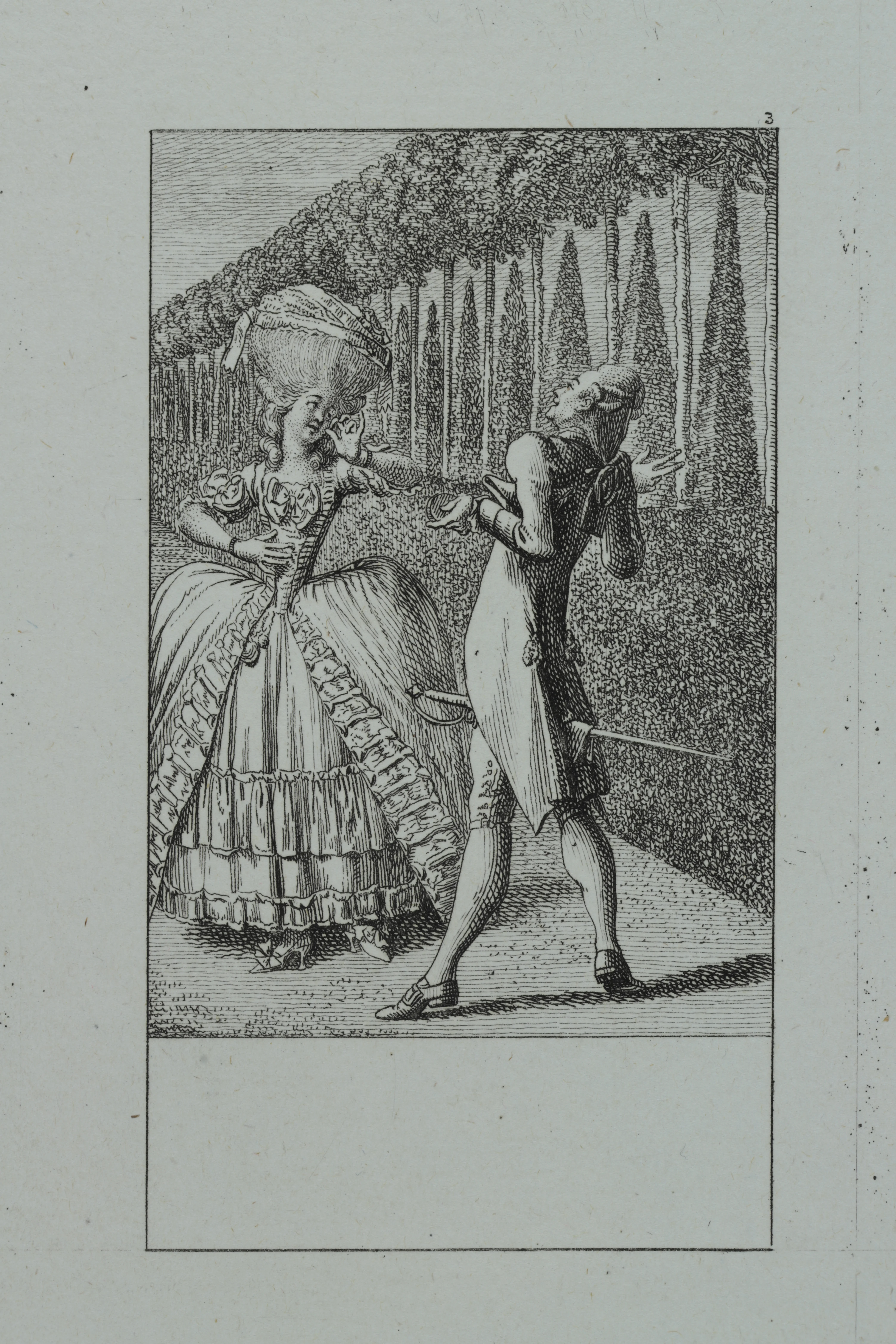 Daniel Chodowiecki, Unterredung, Blatt 3 der Folge »Natürliche und affectirte Handlungen des Lebens«, 1779, Radierung / Gleimhaus Halberstadt – Museum der deutschen Aufklärung