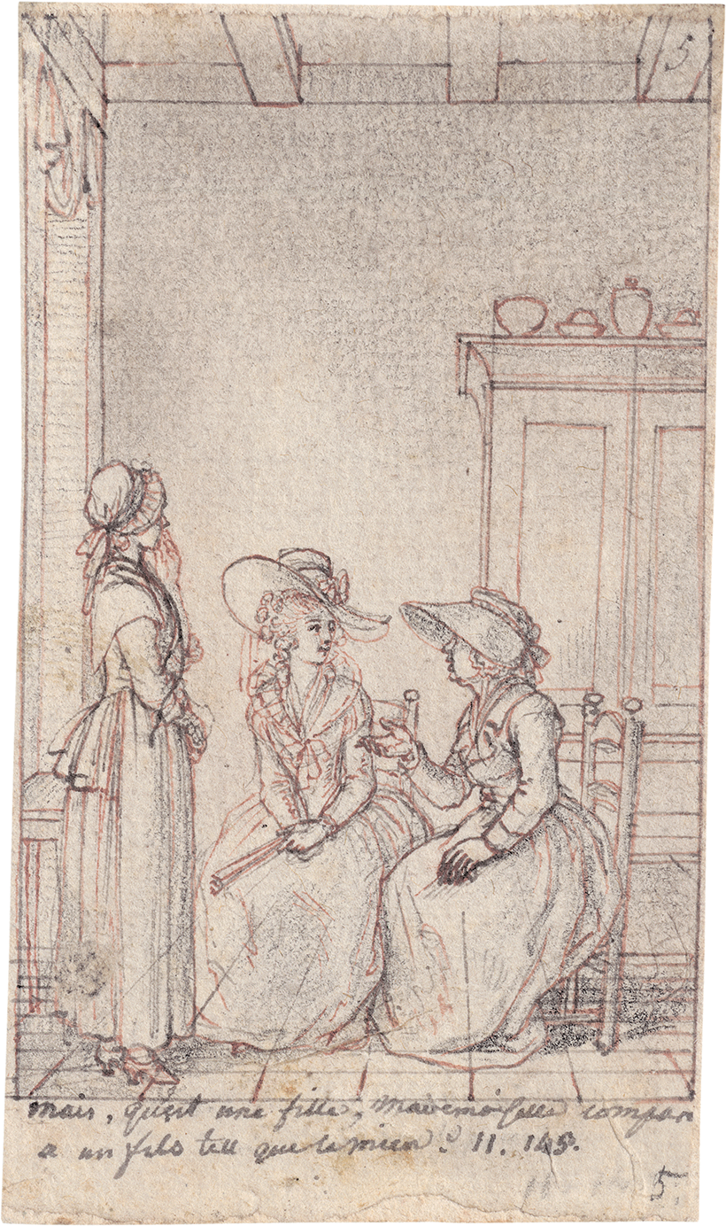 Daniel Chodowiecki, Mais, q'est une fille, Mademoiselle comparée a un fils tell que le mien?, Vorzeichnung für Cecilia oder die Geschichte einer reichen Waise, 1787, Hegenbarth Sammlung Berlin