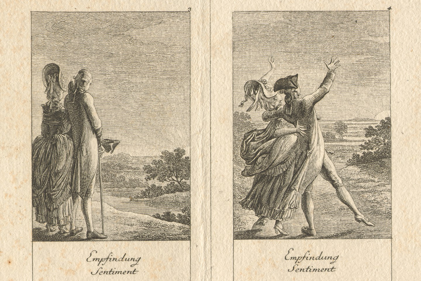 Daniel Chodowiecki, Illustrationen Natürliche und affectirte Handlungen des Lebens, zweite Folge 1780, Aus: Johann Christian Dieterich (Verleger): Almanac de Goettingue pour l'année 1780, Göttingen 1779, Radierungen, 21,5 x 37,4 cm / Privatbesitz, Hessen / © D'mage Berlin/Schloss Neuhardenberg