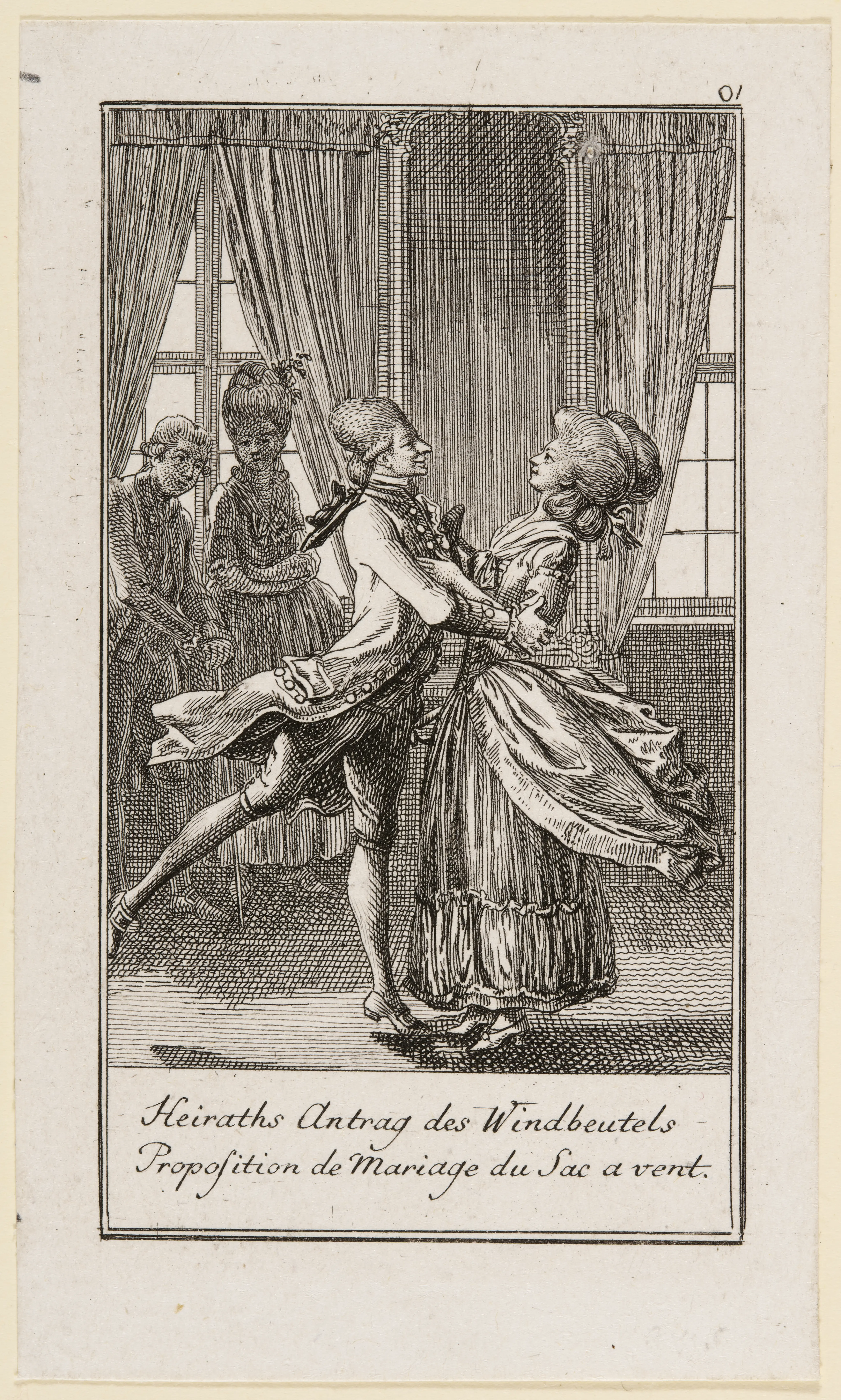 Daniel Nikolaus Chodowiecki, Heiraths Antrag des Windbeutels, aus der Serie »Heiratsanträge, Erste Folge«, 1781, Radierung / Kunstsammlungen der Veste Coburg, Inv.-Nr.: IV,78,3455