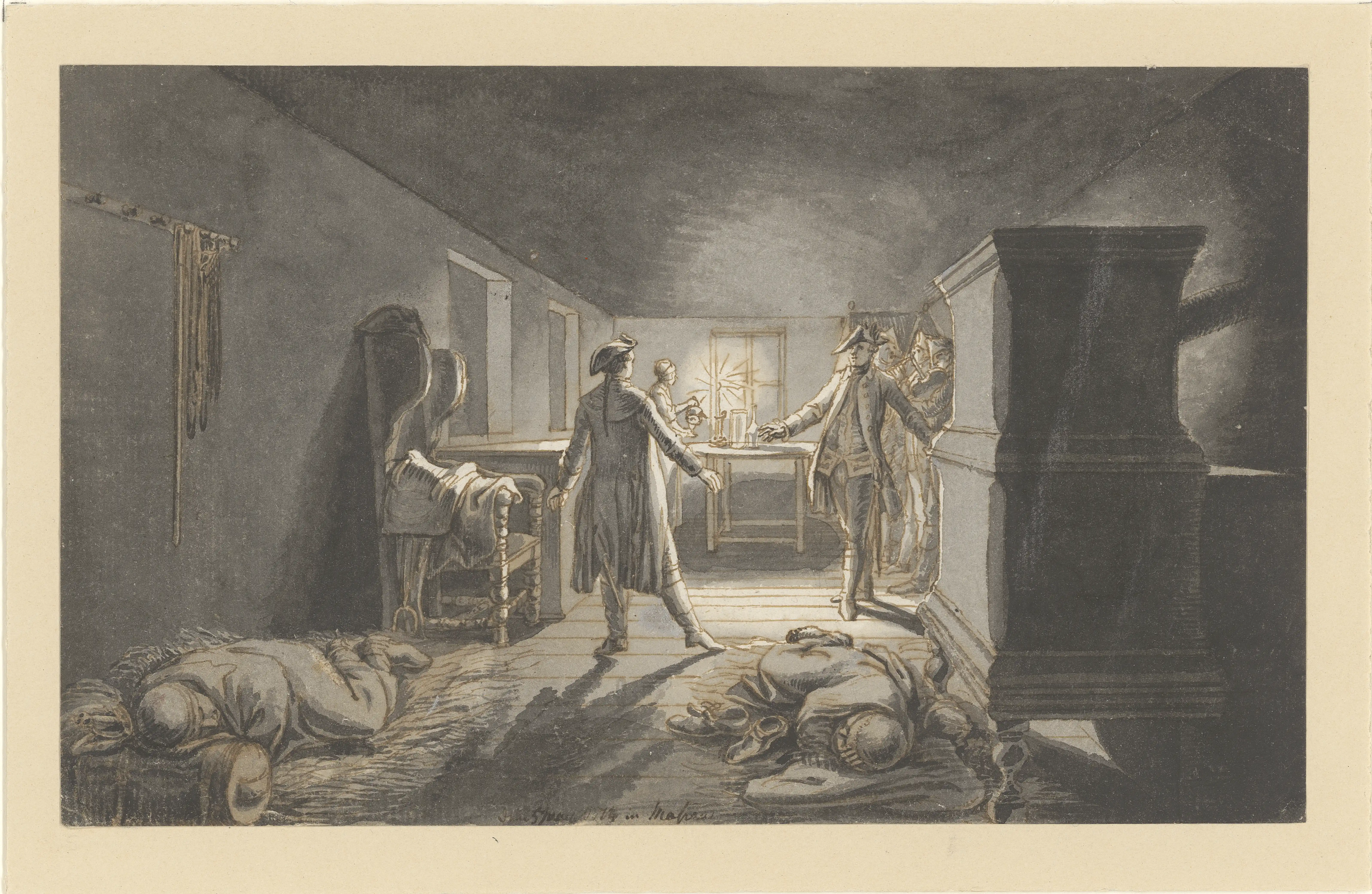 Daniel Chodowiecki, Übernachtung in Massow. Reise von Berlin nach Danzig, 1773, Feder, Sepia, Tusche, laviert, 11,2 × 18,4 cm, Akademie der Künste, Berlin, Kunstsammlung, Inv.-Nr.: Chodowiecki 5