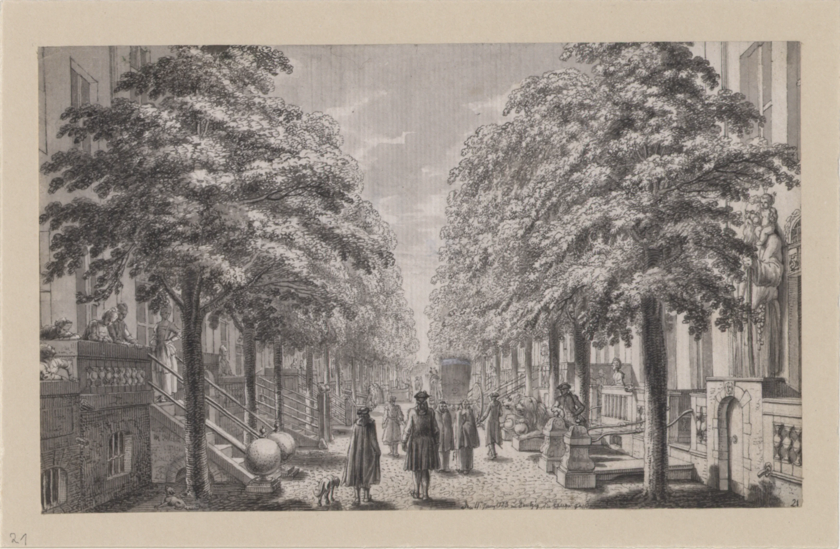Daniel Chodowicecki, Die Lange Gasse in Danzig. Reise von Berlin nach Danzig, 1773, Feder, Tusche, laviert, Deckweiß, 11,2 × 18,4 cm / Akademie der Künste, Berlin, Kunstsammlung, Inv.-Nr.: Chodowiecki 21