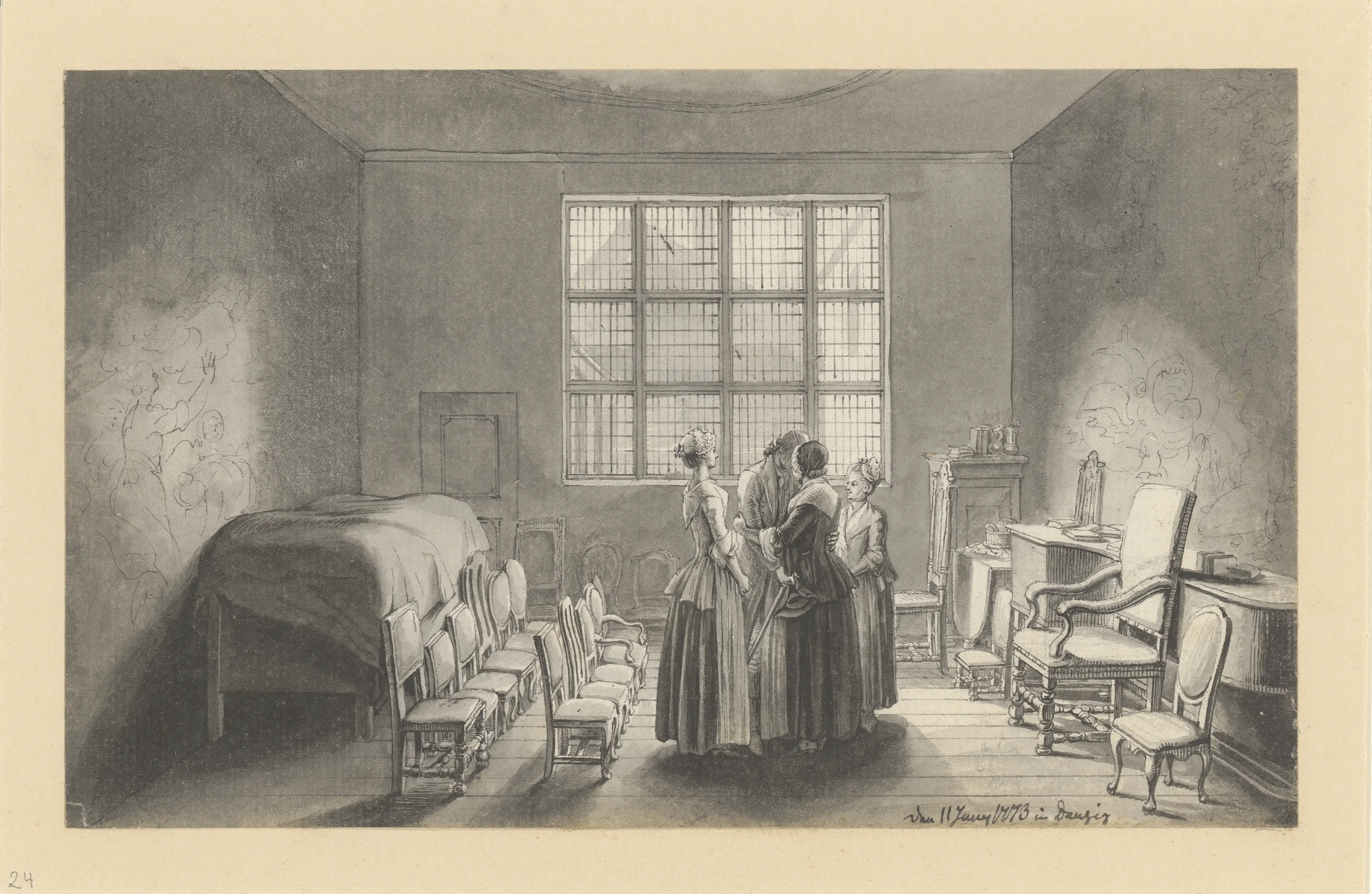 Daniel Chodowiecki, Chodowiecki begrüßt seine Mutter. Reise von Berlin nach Danzig, 1773, Feder, Tusche, laviert, 11,3 × 18,4 cm, Akademie der Künste, Berlin, Kunstsammlung, Inv.-Nr.: Chodowiecki 24