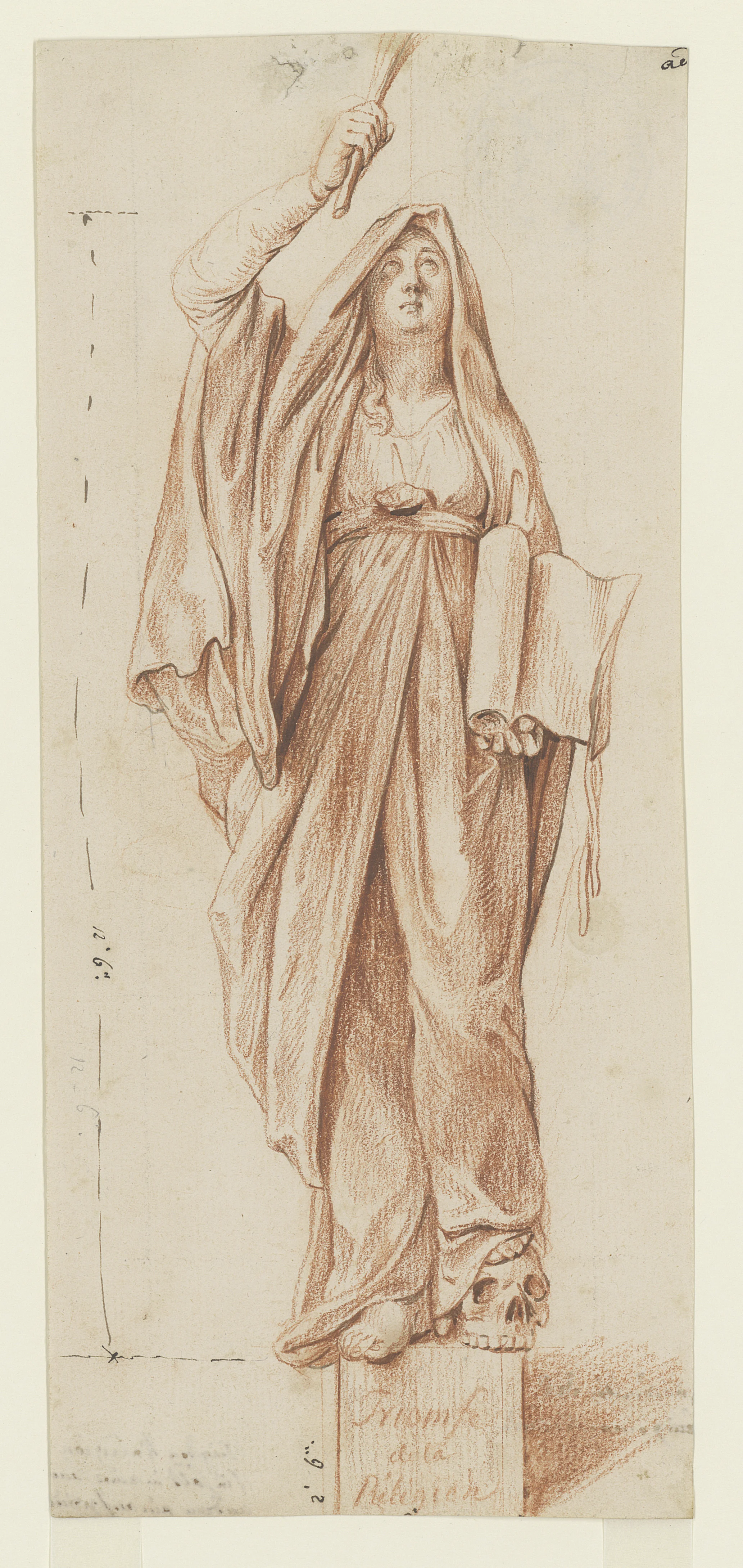 Daniel Nikolaus Chodowiecki: Triumphierende Religio, en face, Bez.: »Triomfe de la Réligion«, 1780–1782, Rötelkreide und Pinsel in Braun, 26,1 × 11,3 cm, Akademie der Künste, Berlin, Kunstsammlung, Inv.-Nr.: Chodowiecki HZ 5003