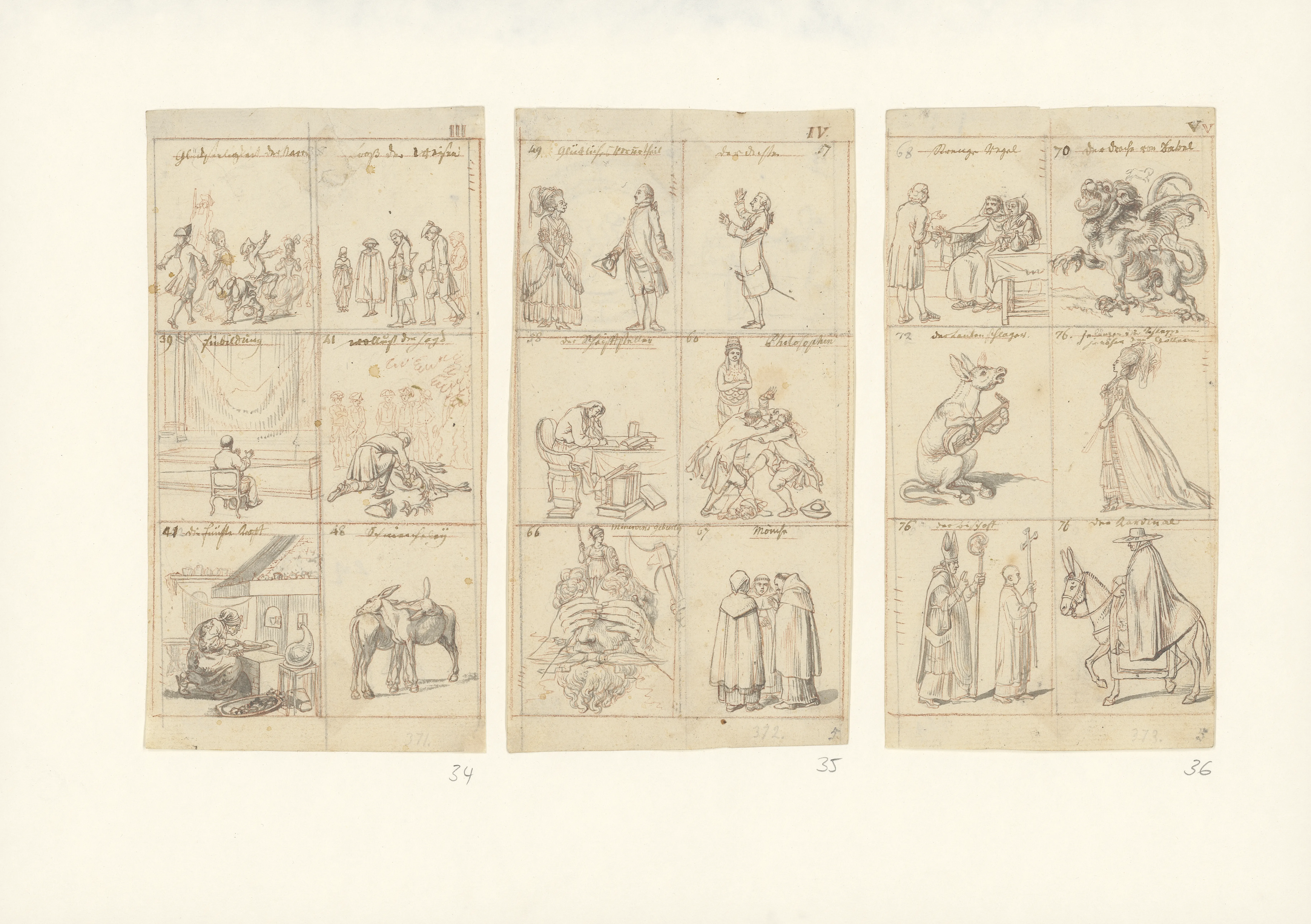 Daniel Chodowiecki, Drei Entwurfszeichnungen zu Erasmus: Das Lob der Narrheit, 1780/1781, Akademie der Künste, Berlin, Kunstsammlung (Sammlung Sauberzweig/Halver)