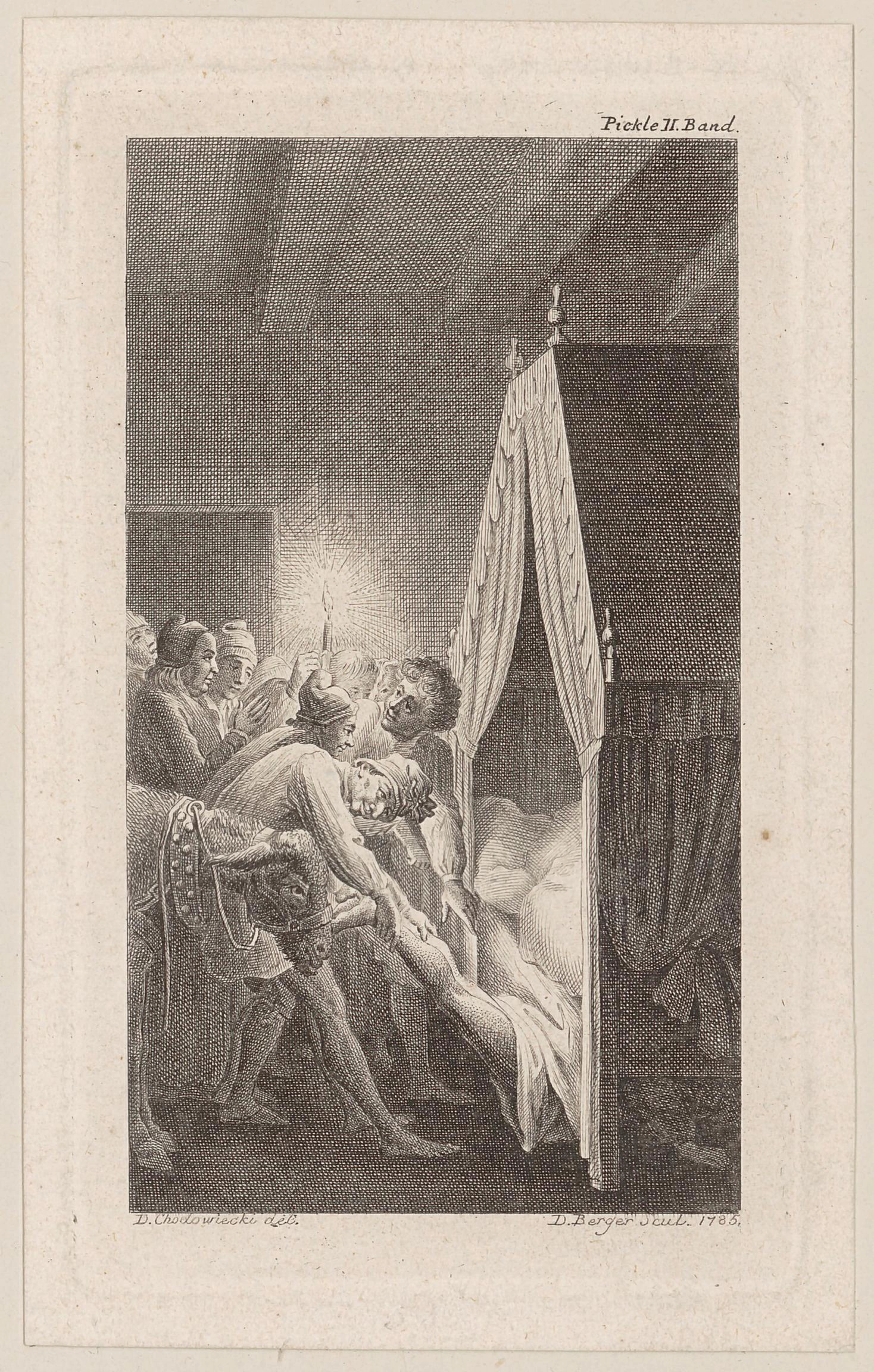 Daniel Chodowiecki, [Mann wird aus dem Bett hervorgezerrt], Batt einer Folge zu Thom. Smolletts »Peregrine Pickle« [?], Zürich, Graphische Sammlung ETH Zürich, Inventarnummer D 19380